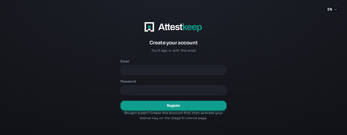 The create-account screen with email and password fields.