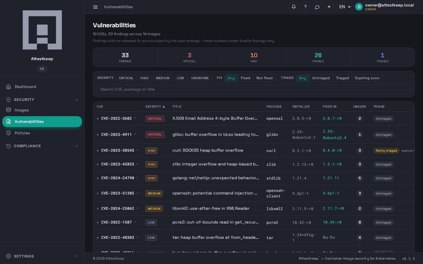 The vulnerabilities list: CVEs with severity, package, installed and fixed versions, affected image count and triage state.