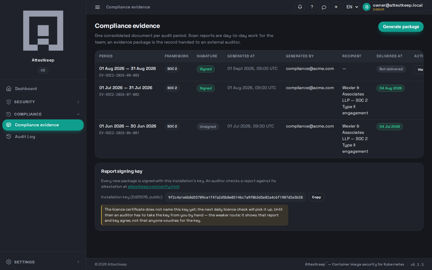 The compliance evidence page: one signed package per period, with framework, signature state, recipient and delivery, and the installation's signing key.