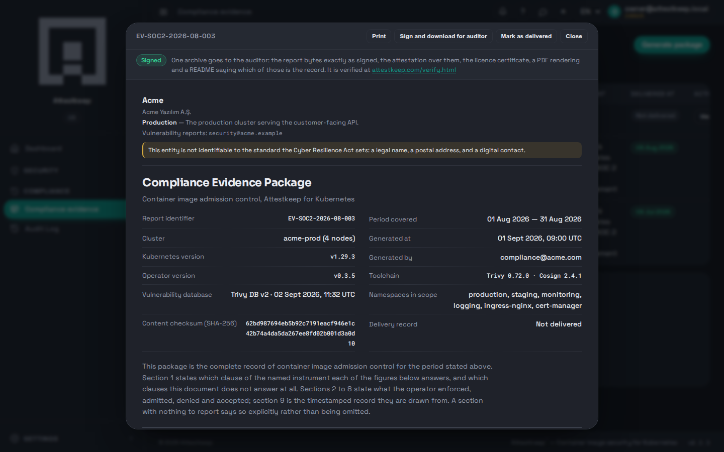 An evidence package open: header with period and framework, control statement and scan coverage sections.