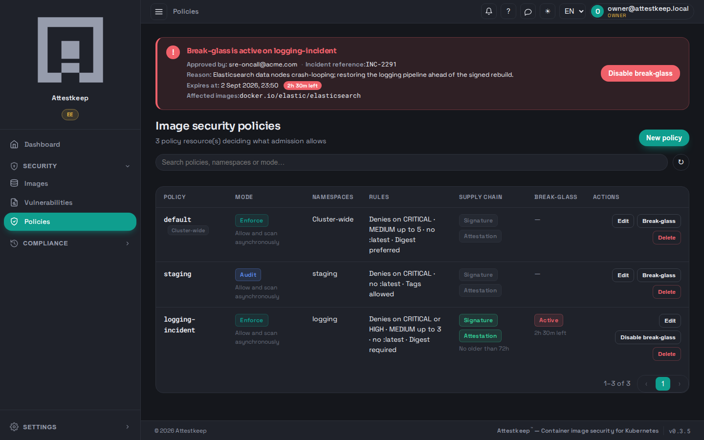The policies list: a cluster-wide default in enforce mode and a namespace policy in audit mode, each with its rule summary and required supply-chain checks; a break-glass banner is active on a third policy.