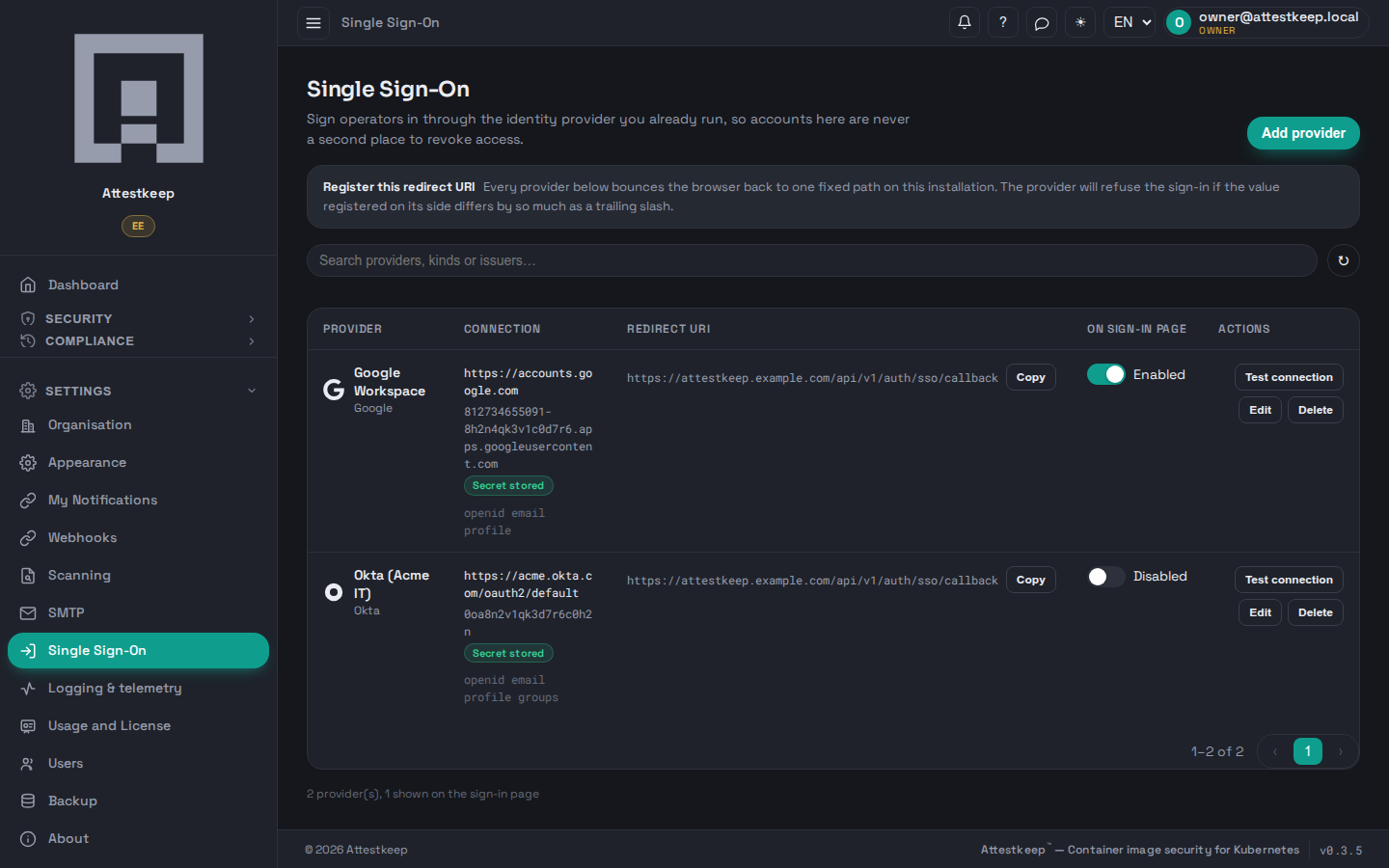 The Single Sign-On page: OIDC providers with their issuer and client id, a stored secret, the fixed redirect URI to register with each provider, an on-sign-in-page toggle, and a test-connection action.